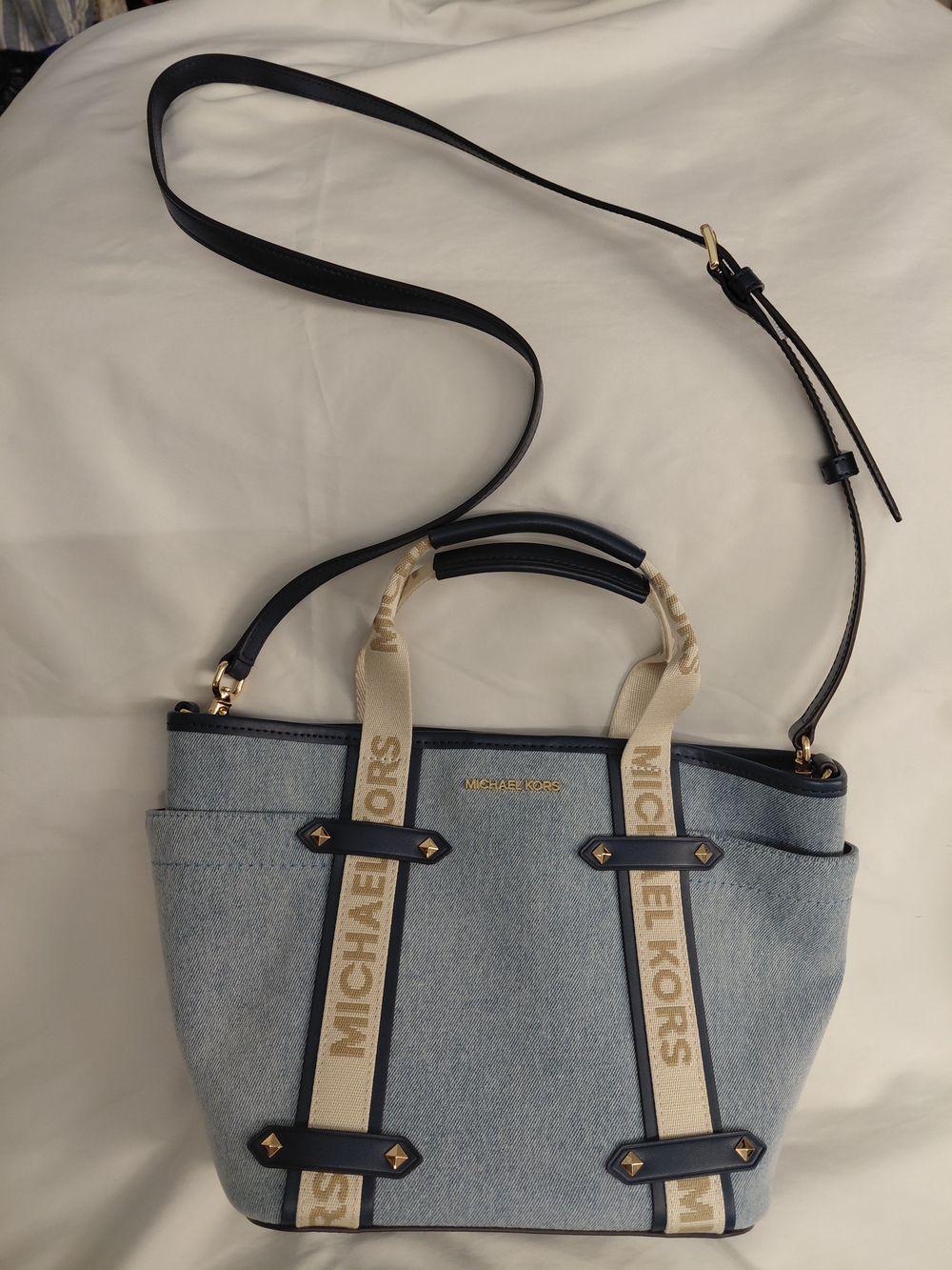 Michael Kors Light Blue Denim Tote with Cream Logo Straps and Black Trim